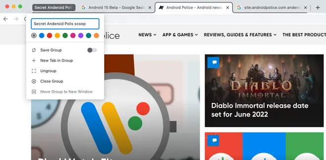 A opção de Salvar Grupos de guias foi otimizada para ser mais funcional (Imagem: Reprodução/Android Police)