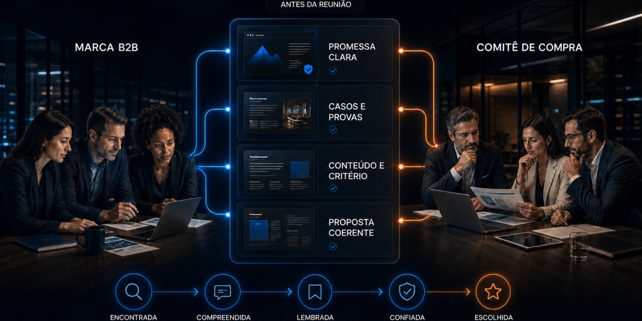 Marca B2B conectando promessa clara, casos, conteúdo e proposta ao comitê de compra antes da reunião.