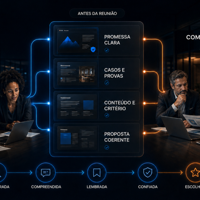 Marca B2B conectando promessa clara, casos, conteúdo e proposta ao comitê de compra antes da reunião.
