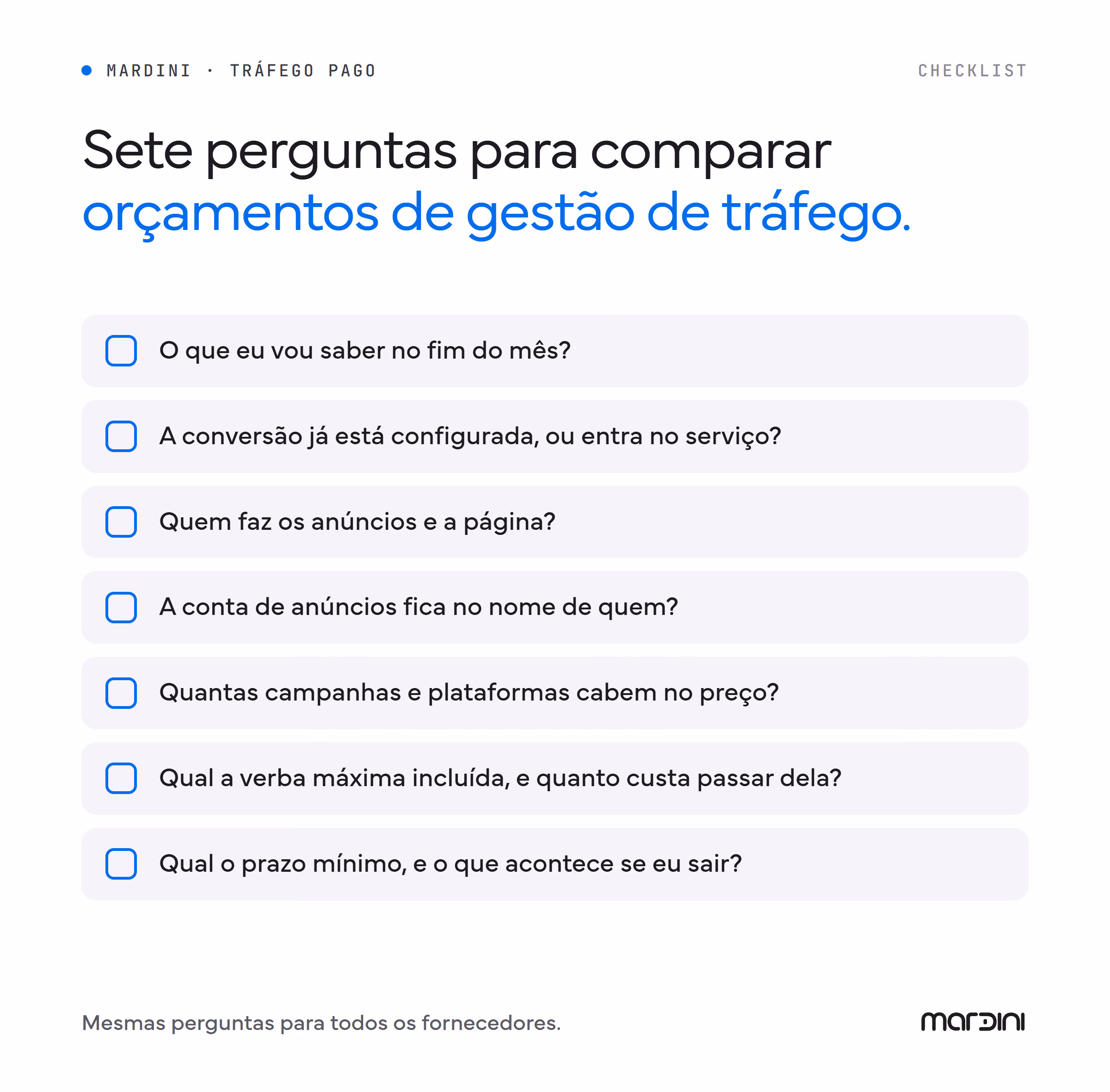 Checklist com sete perguntas para comparar orçamentos de gestão de tráfego pago