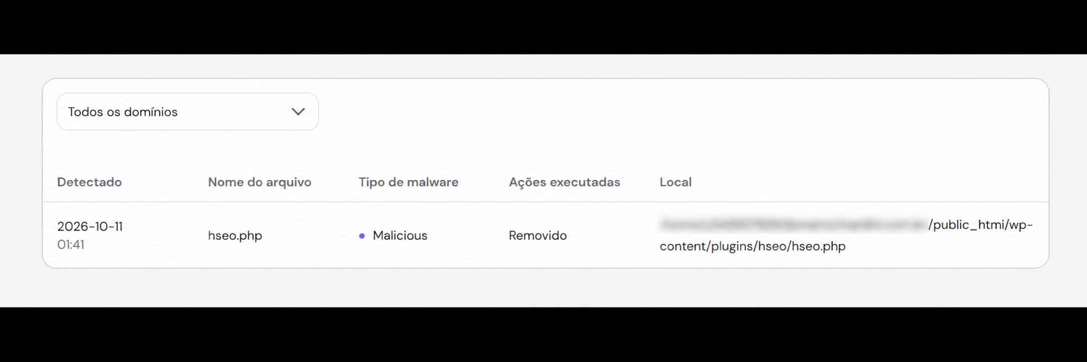 Registro do arquivo hseo.php com status de removido no painel da Hostinger