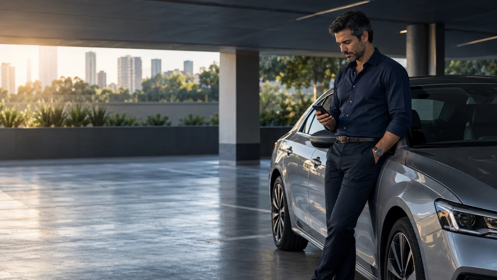 Homem consultando um smartphone ao lado de um carro em estacionamento