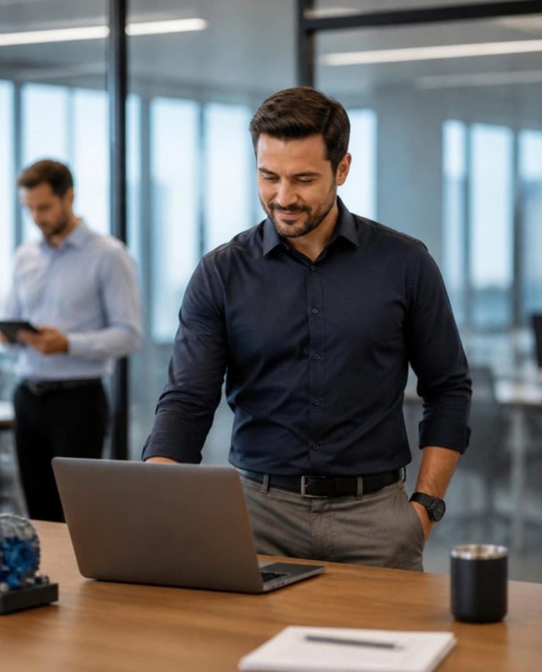 Diretor comercial acompanhando o pipeline de vendas no notebook