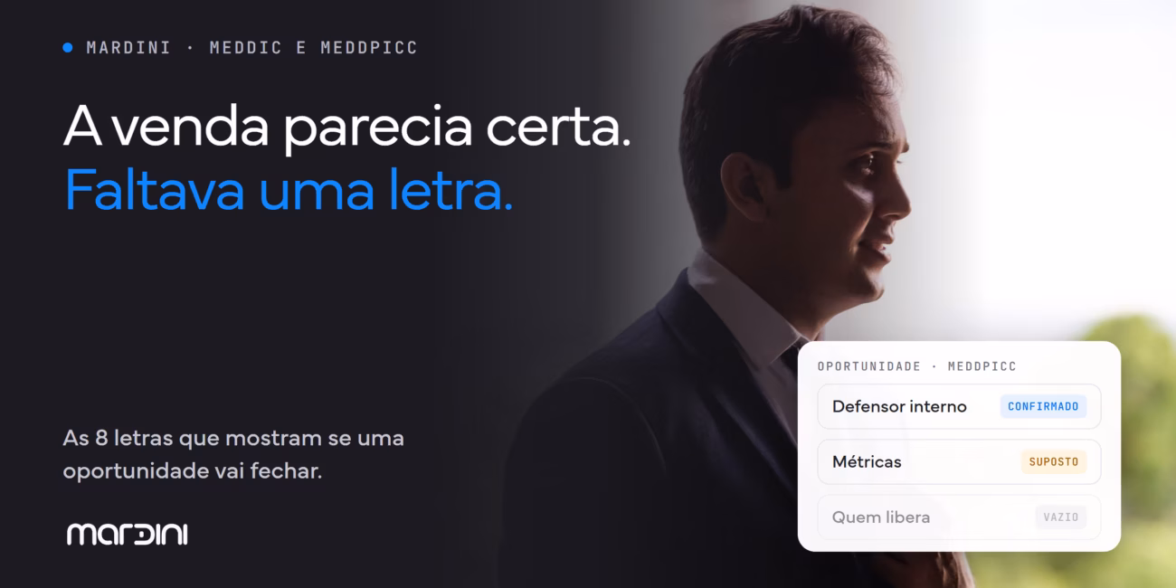 Executivo de terno ao lado do título A venda parecia certa, faltava uma letra, e de um card de oportunidade com o comprador econômico vazio