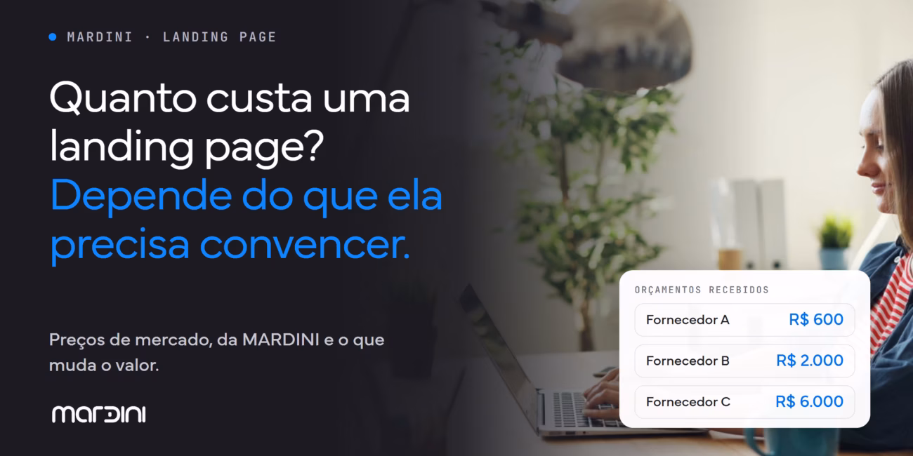 Profissional no notebook ao lado do título Quanto custa uma landing page, depende do que ela precisa convencer, e de três orçamentos de R$ 600, R$ 2.000 e R$ 6.000