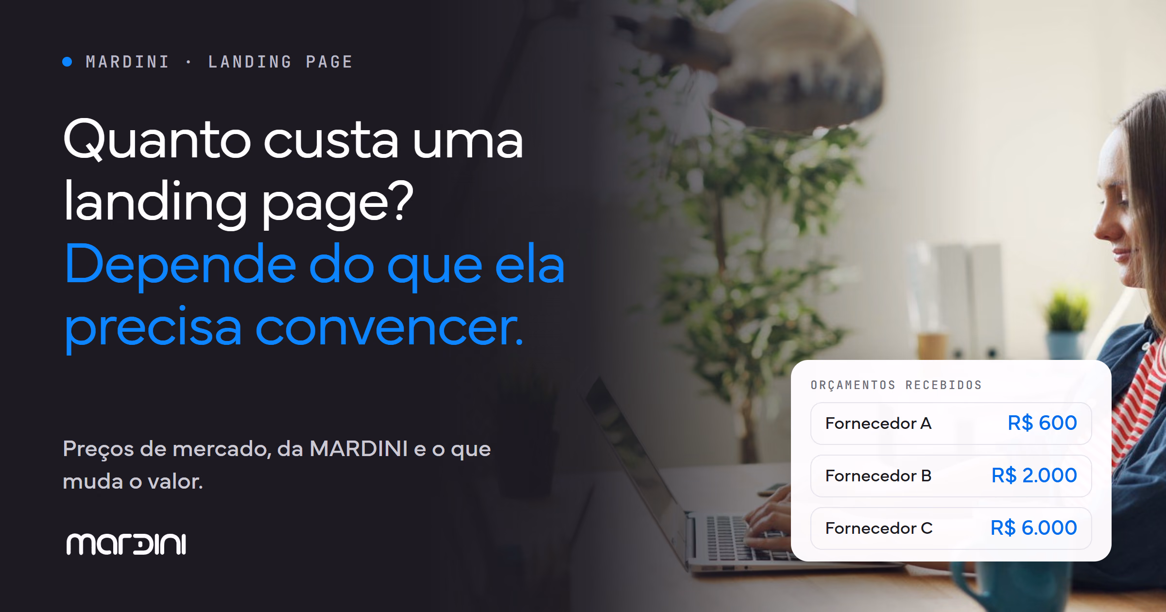 Profissional no notebook ao lado do título Quanto custa uma landing page, depende do que ela precisa convencer, e de três orçamentos de R$ 600, R$ 2.000 e R$ 6.000